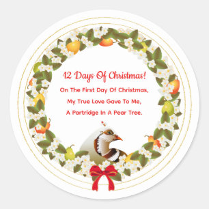 12 Days of Christmas Partridge In A Pear Tree Classic Round Sticker
