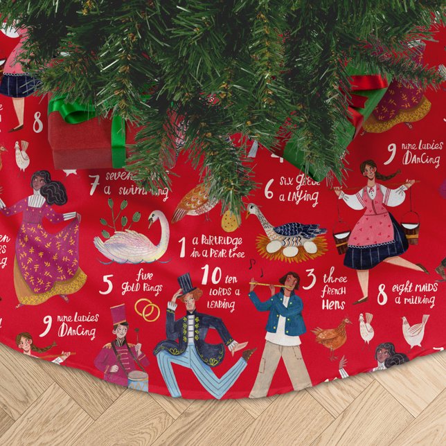 12 Days of Christmas red Brushed Polyester Tree Skirt (12 days of Christmas red Tree Skirt)