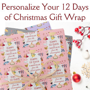 12 Days of Christmas Retro Pastel Personalised Wrapping Paper Sheet