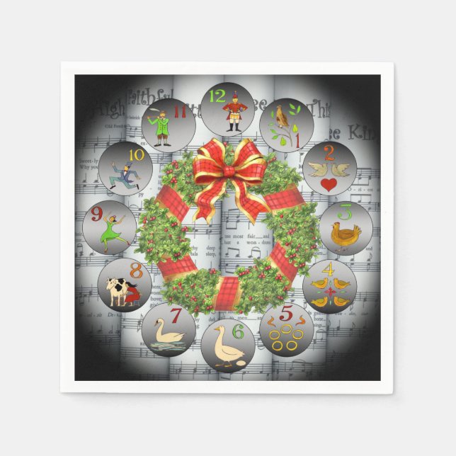 12 Days Of Christmas ~Sheet Music~Christmas Wreath Napkin (Front)