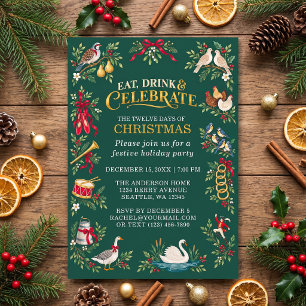 12 Days of Christmas Vintage Green Holiday Party Invitation