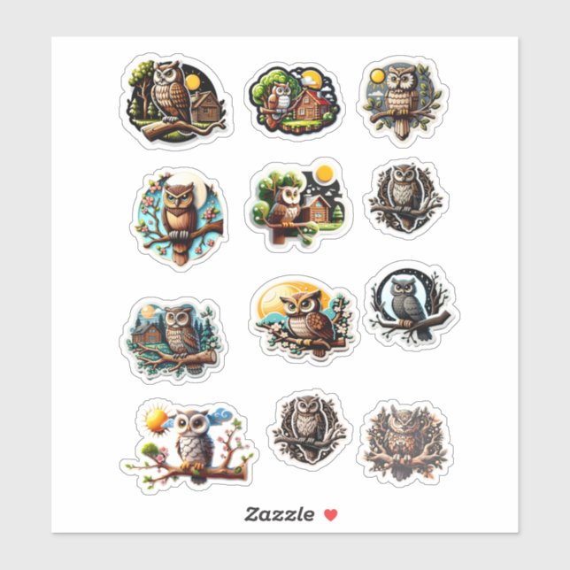 12 Different Owl Images Stickers (Sheet)