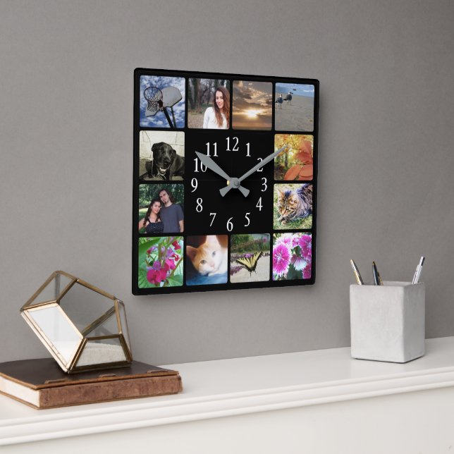 12 Family Multi Photo Collage Square Black Modern Square Wall Clock (Office)