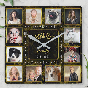 12 Family Photo Collage Black Gold Marble Custom Square Wall Clock