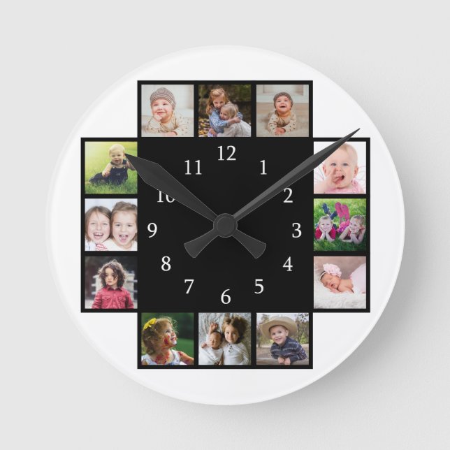 12 Family Photo Collage Create Your Own Black Round Clock (Front)