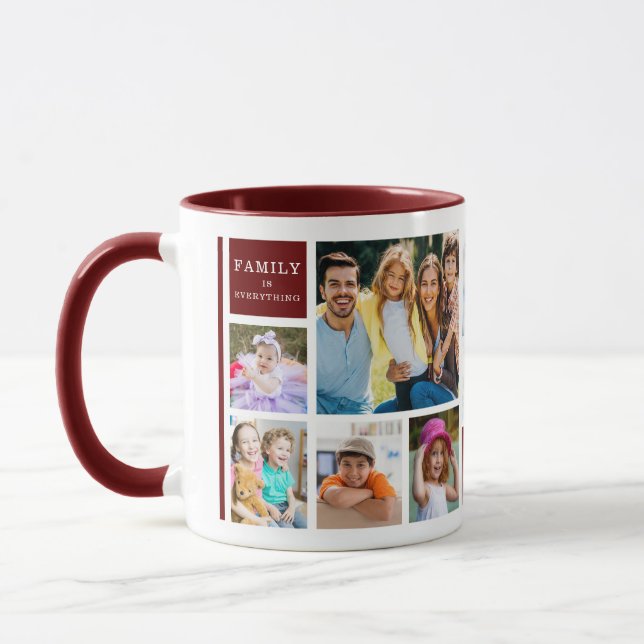 12 Family Photo Collage Quote Monogrammed Maroon Mug (Left)