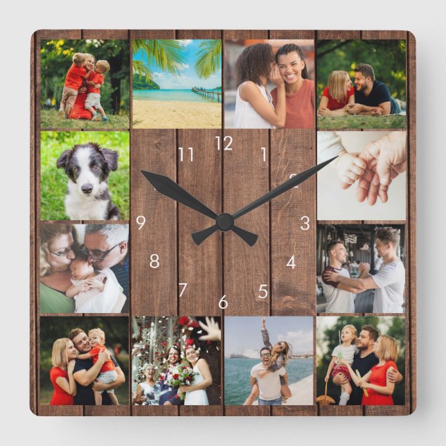 12 Family Photo Collage Rustic Wood Square Wall Clock (Front)