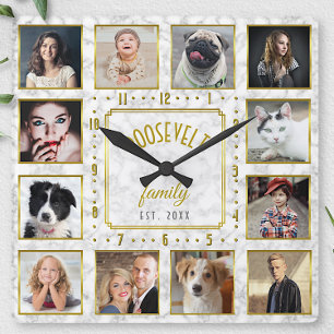 12 Family Photo Collage White Gold Marble Custom Square Wall Clock
