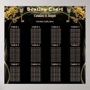 12 Halloween Wedding Tables Black & Gold Skulls Poster