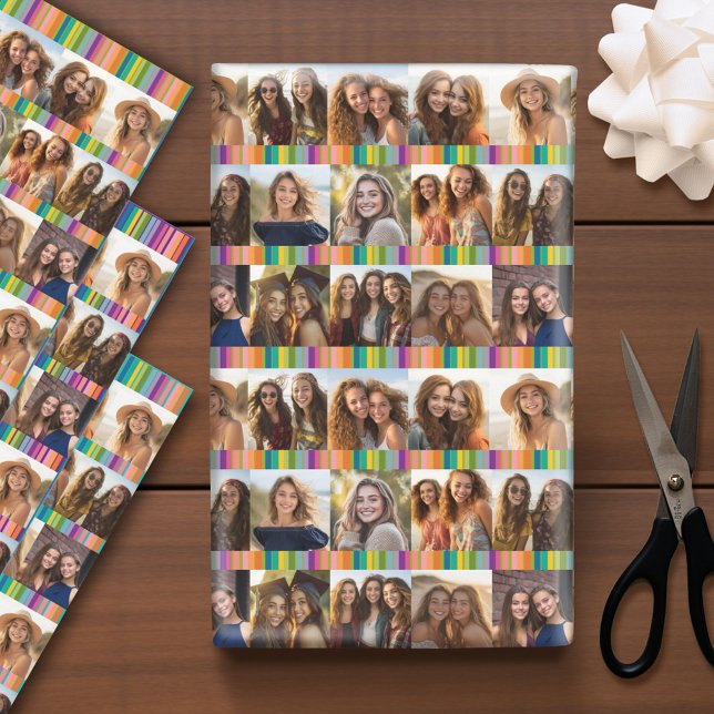 12 Instagram Photo Collage bright birthday stripes Wrapping Paper Sheet (Custom Photo Wrapping Paper)