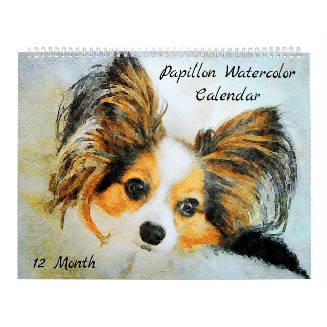 12 Month Adorable Papillon Dog Watercolor Painting Calendar (Cover)