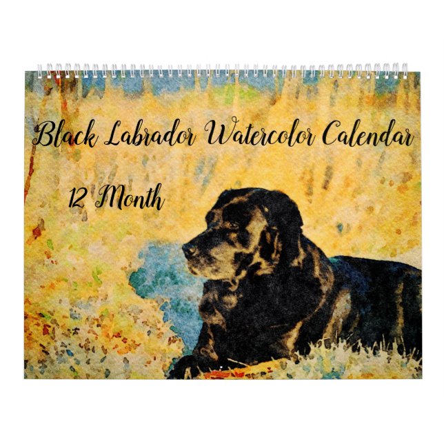 12 Month Black Lab Dogs Pets Watercolour Art Calendar (Cover)