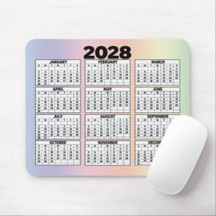12-Month Calendar for 2028 on Pastel Rainbow Mouse Pad