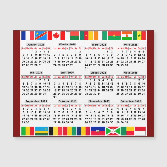 12 month calendar of the year 2025  (Front)