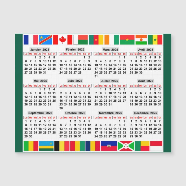 12 month calendar of the year 2025  (Front)