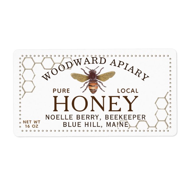 12 oz hexagon Honey Label with honeybee honeycomb (Front)
