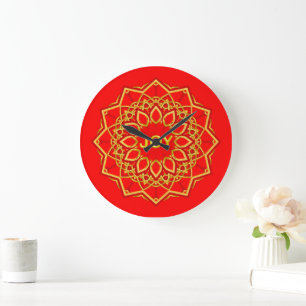 12 Petal Gold Colour Mandala Flower on Red Large Clock