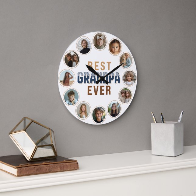 12 Photo Collage Best Grandpa Ever Large Clock (Office)
