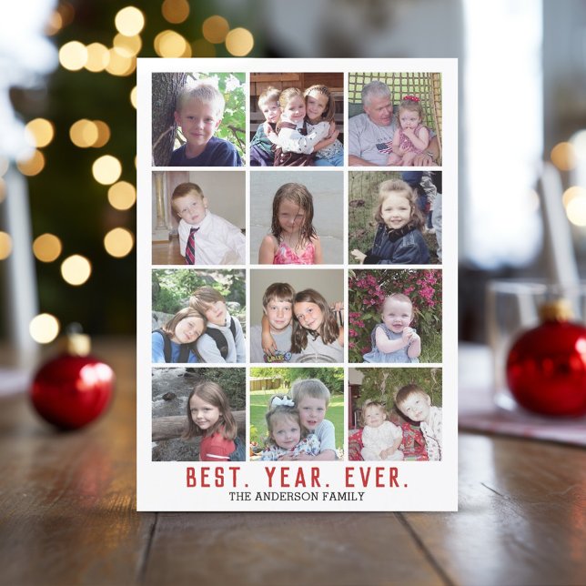 12 Photo Collage Best Year Ever Christmas Red Holiday Card (12 Photo Online Christmas Card with minimal design on the front)