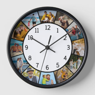 12 Photo Collage Black & White Family & Friends  Clock