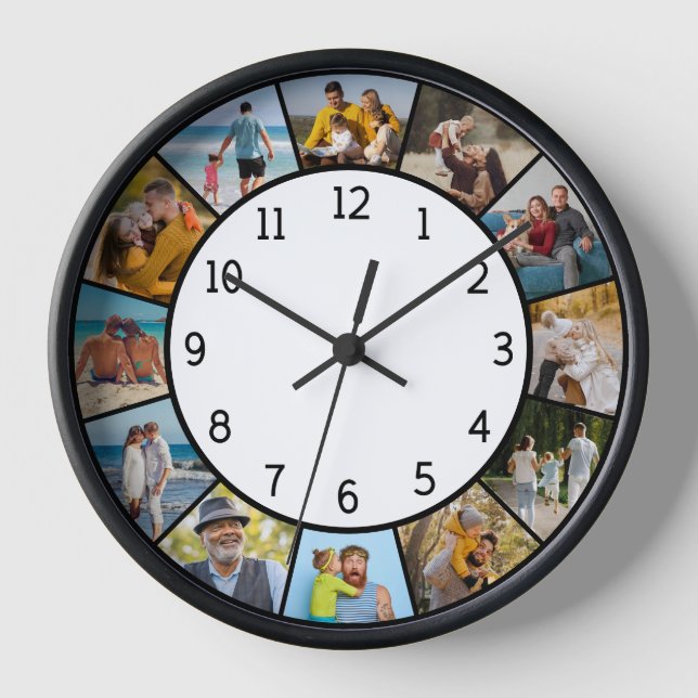 12 Photo Collage Black & White Family & Friends  Clock (Front)