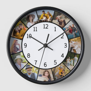 12 Photo Collage Black & White Family & Friends Clock