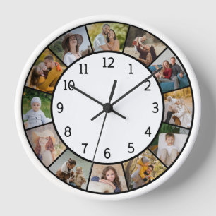 12 Photo Collage Black & White Family & Friends Clock