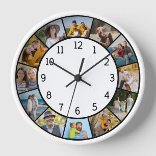 12 Photo Collage Black & White Family & Friends  Clock