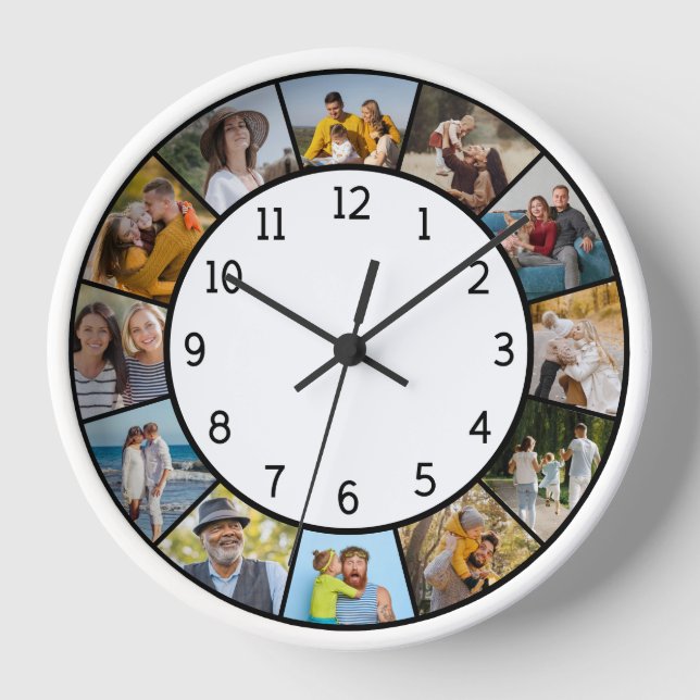 12 Photo Collage Black & White Family & Friends  Clock (Front)