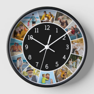 12 Photo Collage Black & White Family & Friends  Clock