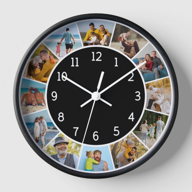 12 Photo Collage Black & White Family & Friends  Clock (Front)