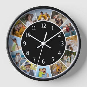 12 Photo Collage Black & White Family & Friends  Clock