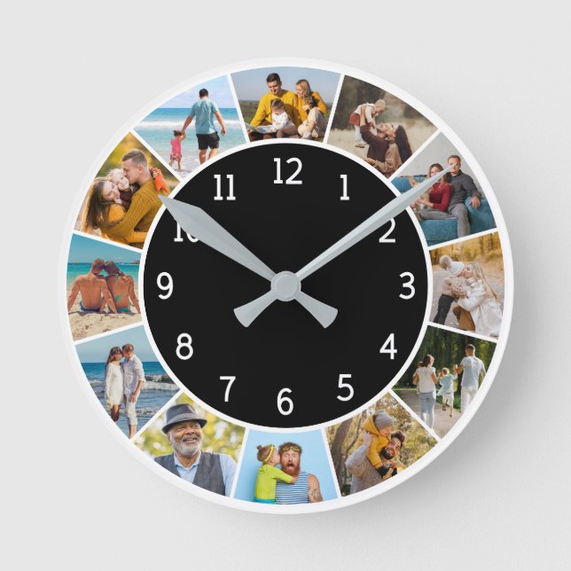 12 Photo Collage Black & White Family & Friends  Round Clock (Front)