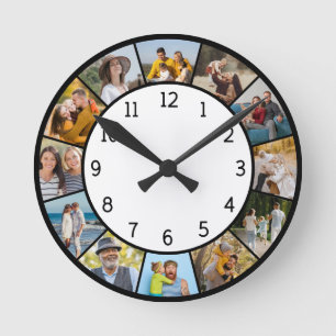 12 Photo Collage Black & White Family & Friends Round Clock