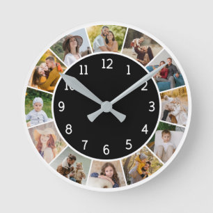 12 Photo Collage Black & White Family & Friends Round Clock