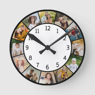 12 Photo Collage Black & White Family & Friends Round Clock