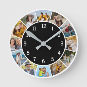 12 Photo Collage Black & White Family & Friends  Round Clock
