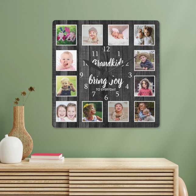 12 Photo Collage  Black Wood Grandkids Quote Square Wall Clock (Creator Uploaded)
