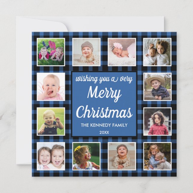 12 Photo Collage Blue Buffalo Plaid Merry Christma Holiday Card (Front)