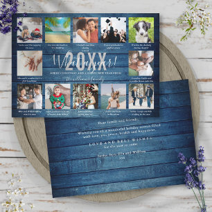 12 Photo Collage Captions What A Year Blue Wood Holiday Card