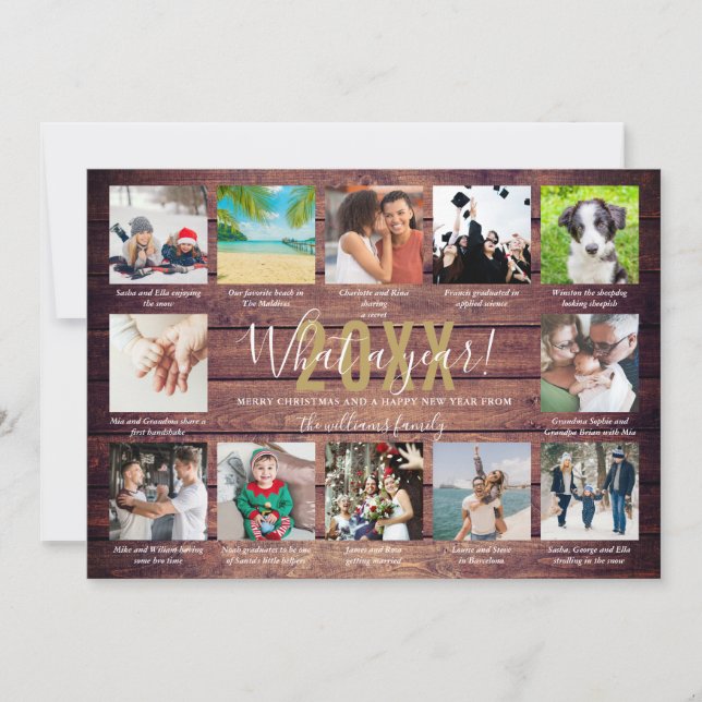 12 Photo Collage Captions What A Year Rustic Wood Holiday Card (Front)