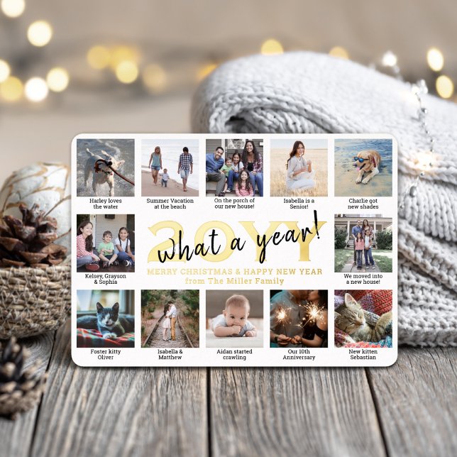 12 Photo Collage & Captions White What a Year! Foil Holiday Card (Creator Uploaded)