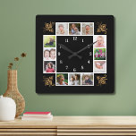 12 Photo Collage Create Your Own Gold Black Square Wall Clock<br><div class="desc">Create your own photo collage wall clock with 12 of your favourite pictures. The photo frame clock  helps you treasure your special moments and also makes a thoughtful gift for parents, grandparents and friends. The personalised family clock makes an unique gift for all occasions.</div>
