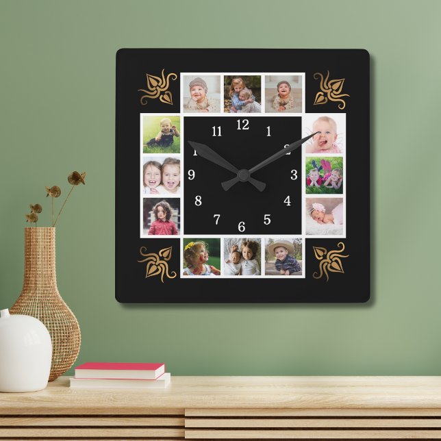12 Photo Collage Create Your Own Gold Black Square Wall Clock (Creator Uploaded)
