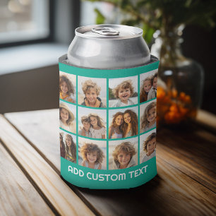 12 Photo Collage - Emerald Green and Custom Text Can Cooler