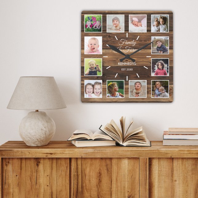  12 Photo Collage Family Is Forever Rustic Wood Square Wall Clock (12 Photo Collage Family Is Forever Rustic Wood Square Wall Clock)