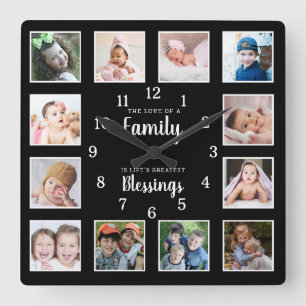 12 Photo Collage Family Love Blessings Quote Black Square Wall Clock