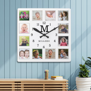 12 Photo Collage Family Name Monogram Black White Square Wall Clock