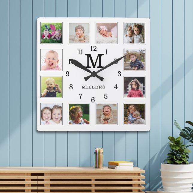 12 Photo Collage Family Name Monogram Black White Square Wall Clock (Creator Uploaded)