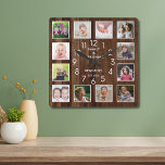 12 Photo Collage Family Name Personalised Wood Square Wall Clock<br><div class="desc">Create your own photo collage wall clock with 12 of your favourite pictures. The photo frame clock helps you treasure your special moments and also makes a thoughtful gift for parents, grandparents and friends. The personalised family clock makes it a perfect gift for all occasions. Personalise with family name and...</div>